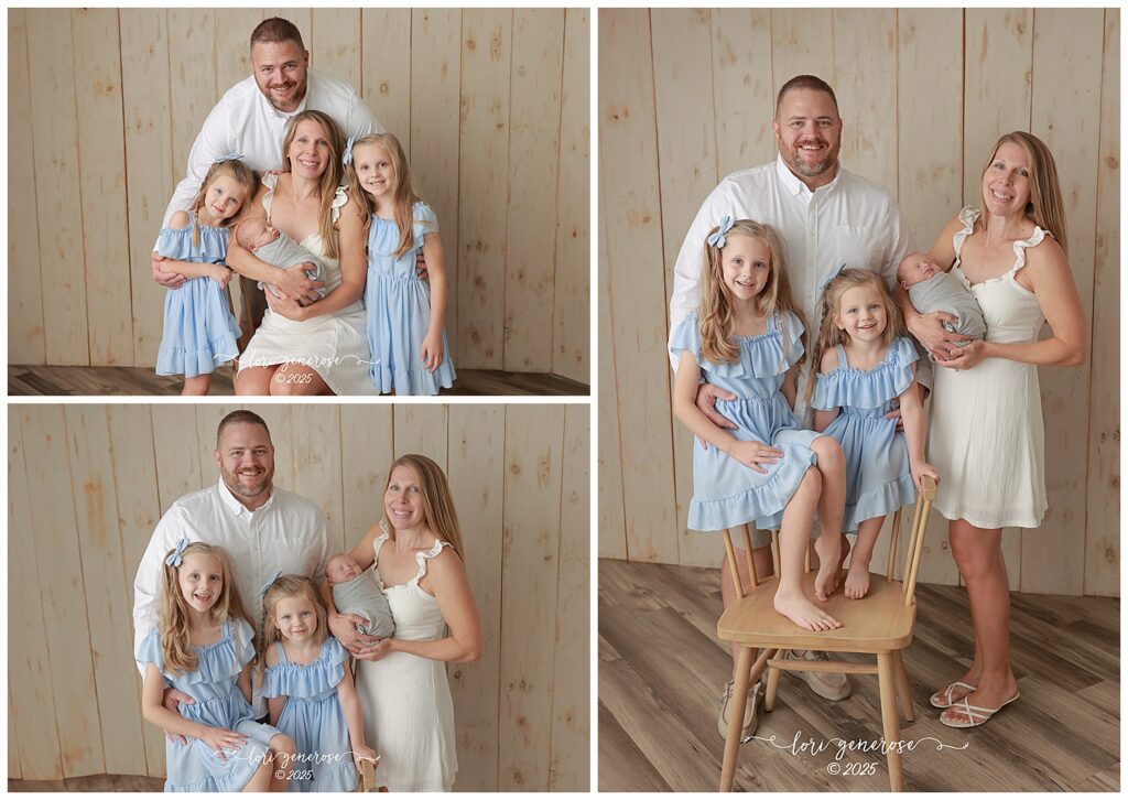 Collage from a family newborn studio session. Parents stand and sit together while holding their swaddled newborn baby boy, with two big sisters in light blue dresses smiling beside them. Warm wood backdrop and soft natural light create a cozy, relaxed family portrait. Studio family and newborn photography by LG Photography-  Lori Generose, Lehigh Valley PA newborn photographer.