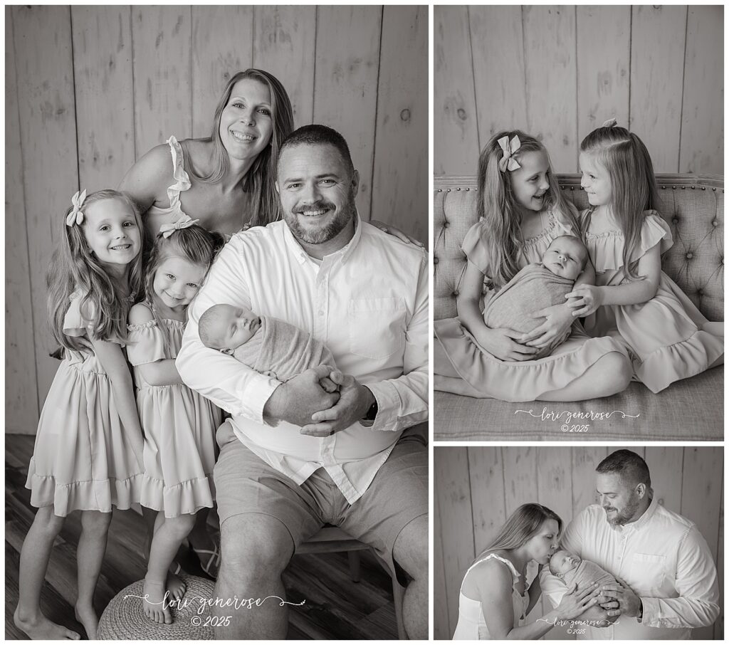 Black and white collage of a family newborn session. The parents smile while holding their swaddled newborn baby boy, and two big sisters lovingly sit and hold him on a vintage tufted sofa. Another image shows the parents gently leaning in to kiss their newborn. Studio family and newborn portrait by LG Photography- Lori Generose, Lehigh Valley PA newborn photographer.