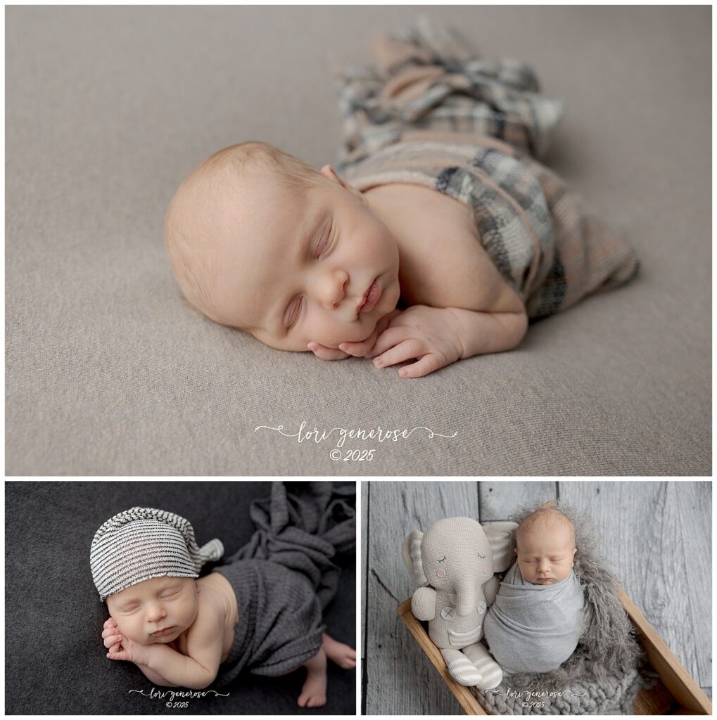 Collage of a newborn baby boy peacefully sleeping during his studio session. One image shows him posed on his tummy with his hands under his cheek, wrapped in a soft neutral plaid outfit. Another photo shows him resting on a textured dark blanket wearing a striped knit hat, and the third shows him swaddled in a light gray wrap, sleeping beside a plush elephant in a small wooden prop bed. Studio newborn photography by LG Photography- Lori Generose, Lehigh Valley PA newborn photographer.