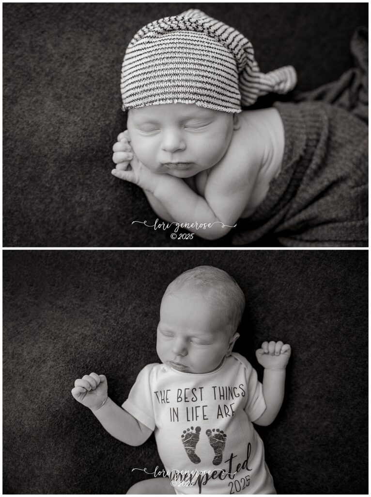 Black and white newborn portraits of a baby boy sleeping peacefully. In the first image, he is posed on his tummy with his hands under his chin, wearing a cozy knit striped hat. In the second image, he lies on his back wearing a onesie that reads ‘The best things in life are unexpected.’ Studio newborn photography by LG Photography- Lori Generose, Lehigh Valley PA newborn photographer.