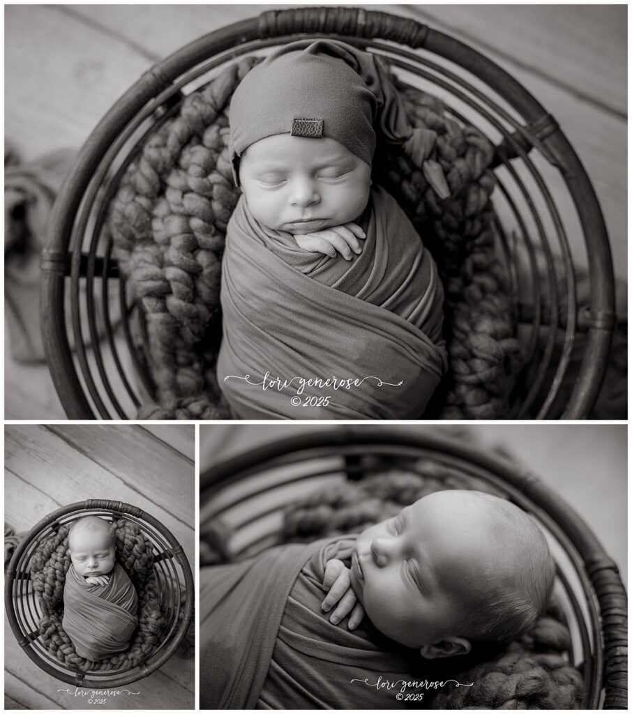 Black and white collage of a newborn baby boy sleeping swaddled in a soft wrap inside a round wicker basket, with a chunky knit blanket beneath him. Close-up images show his tiny hands tucked under his chin and a full overhead view of him snugly wrapped. Studio newborn portrait by LG Photography- Lori Generose, Lehigh Valley PA newborn photographer.