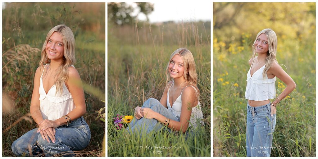 Northampton Area High School senior girl wearing a white top and jeans posing in a field of wildflowers during her senior photoshoot by Lori Generose of LG Photography, a Lehigh Valley photographer specializing in senior portraits in the Lehigh Valley and Trexler Nature Preserve in Schnecksville PA.