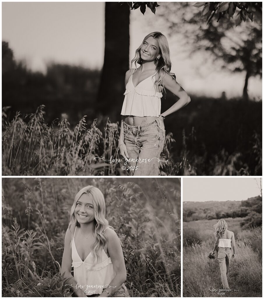 Northampton Area High School senior girl wearing a white top and jeans posing in a grassy field during her black and white senior photoshoot by Lori Generose of LG Photography, a Lehigh Valley photographer capturing senior portraits in the Lehigh Valley and Trexler Nature Preserve near Allentown PA.