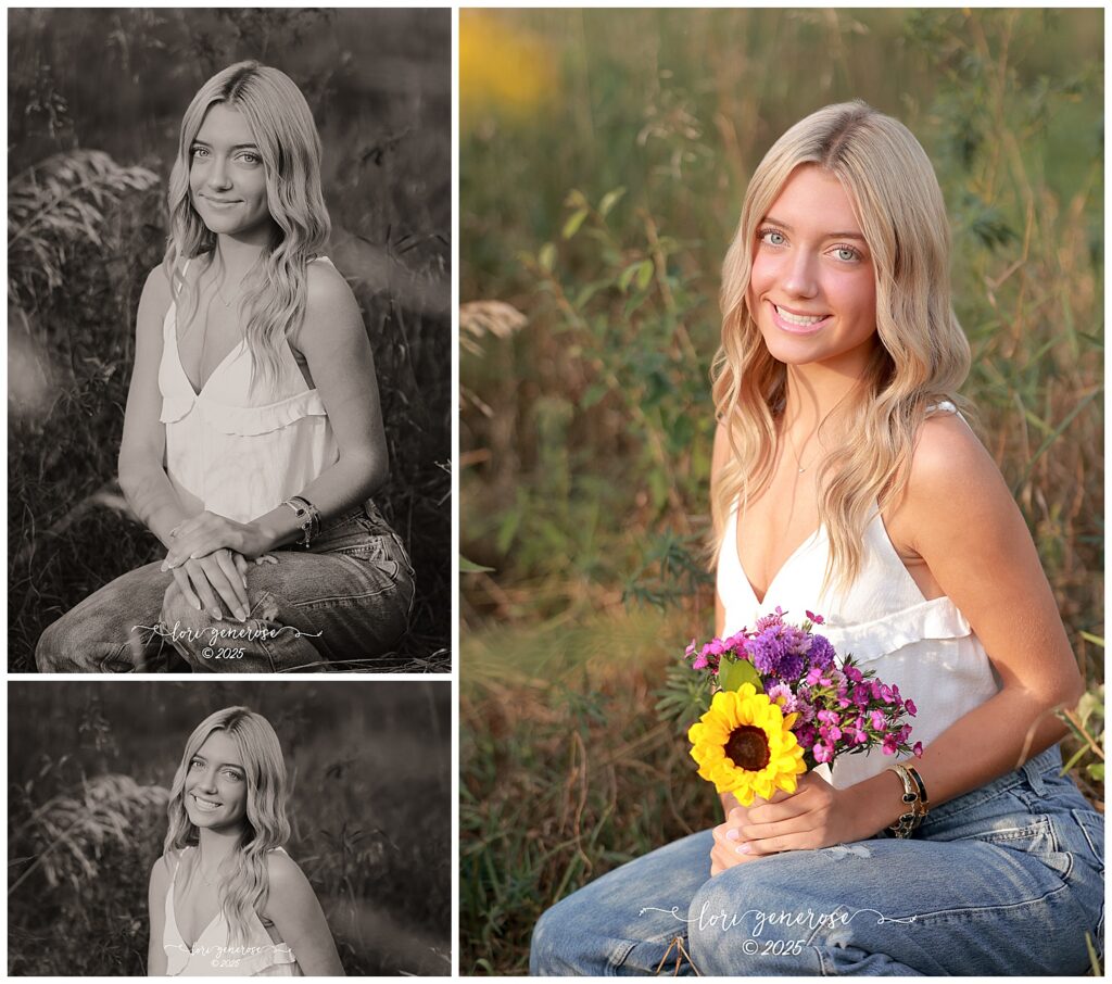Northampton Area High School senior girl wearing a white top and jeans holding a bouquet of colorful flowers during her senior photoshoot by Lori Generose of LG Photography, a Lehigh Valley photographer capturing senior portraits in the Lehigh Valley and Trexler Nature Preserve near Bethlehem PA.