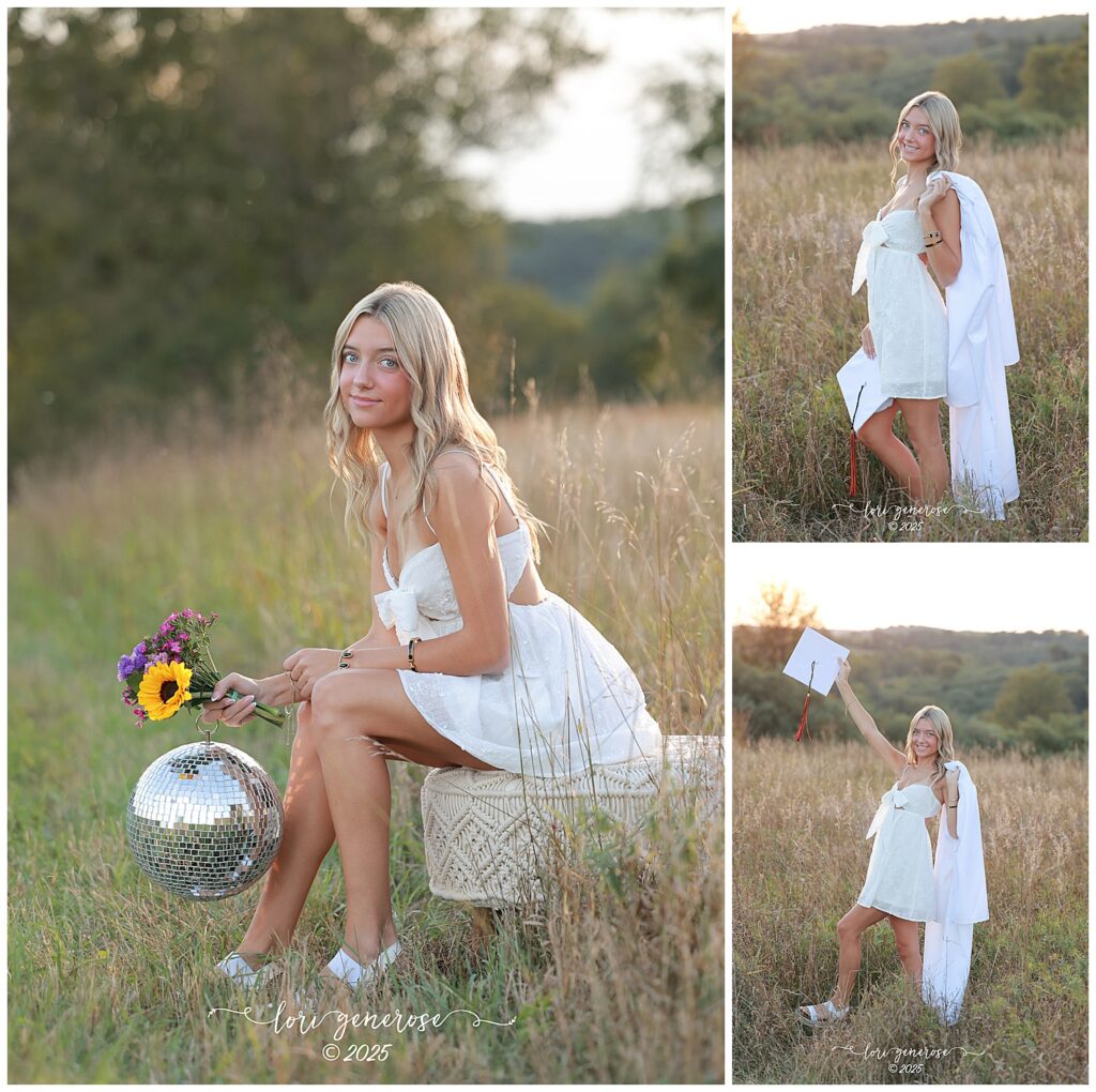 Northampton Area High School senior girl wearing a white dress posing with flowers, a disco ball, and her graduation cap and gown in a field during her senior photoshoot by Lori Generose of LG Photography, a Lehigh Valley photographer capturing senior portraits in the Lehigh Valley and Trexler Nature Preserve near Emmaus PA.