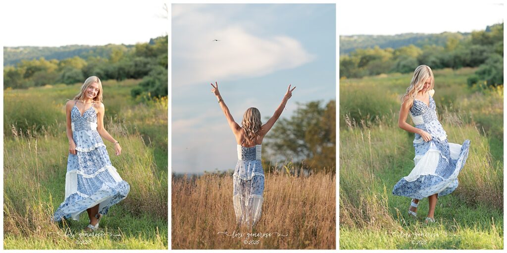 Northampton Area High School senior girl wearing a blue and white dress twirling and posing in a field during her senior photoshoot by Lori Generose of LG Photography, a Lehigh Valley photographer specializing in senior portraits in the Lehigh Valley and Trexler Nature Preserve near Emmaus PA.