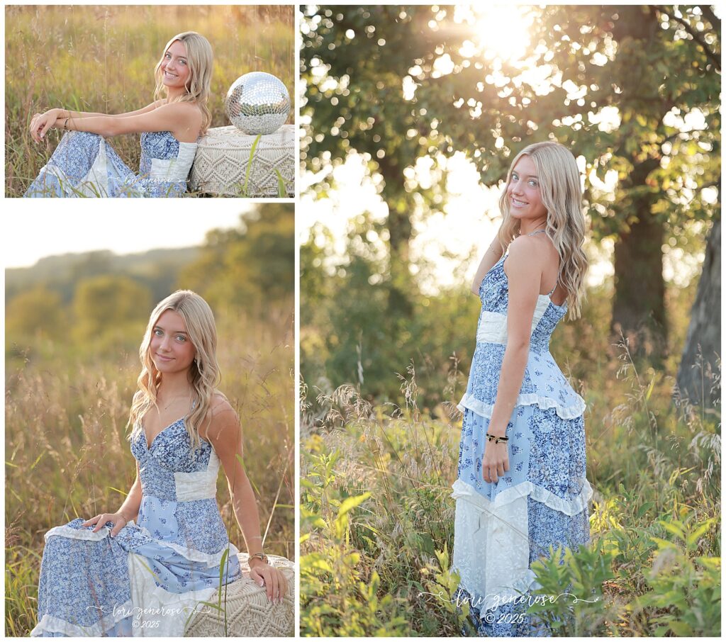 Northampton Area High School senior girl wearing a blue and white dress posing in a sunny field during her senior photoshoot by Lori Generose of LG Photography, a Lehigh Valley photographer capturing senior portraits in the Lehigh Valley and Trexler Nature Preserve near Macungie PA.