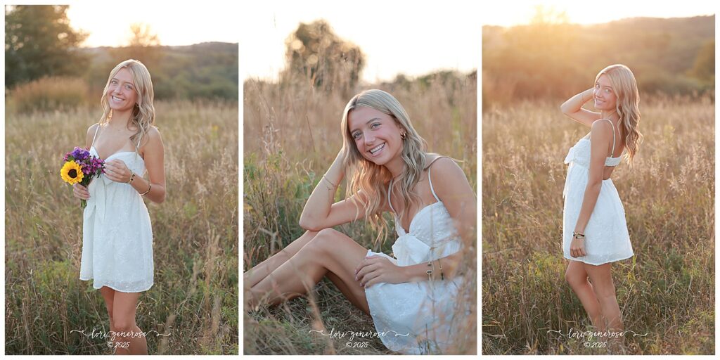 Northampton Area High School senior girl wearing a white dress posing in a sunlit field during her golden hour senior photoshoot by Lori Generose of LG Photography, a Lehigh Valley photographer specializing in senior portraits in the Lehigh Valley and Trexler Nature Preserve near Nazareth Area High School.