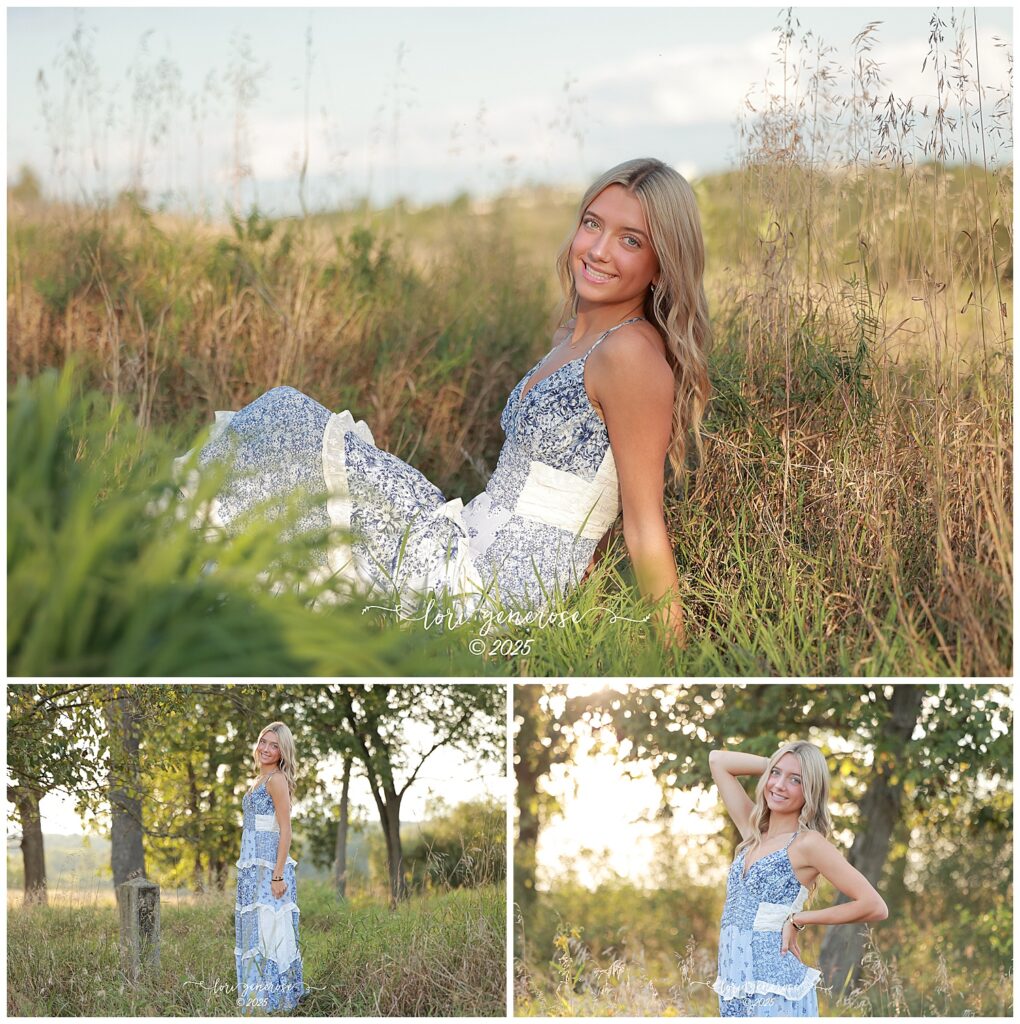 Northampton Area High School senior girl wearing a blue and white dress posing in a sunny field during her senior photoshoot by Lori Generose of LG Photography, a Lehigh Valley photographer capturing senior portraits in the Lehigh Valley and Trexler Nature Preserve near Nazareth PA.