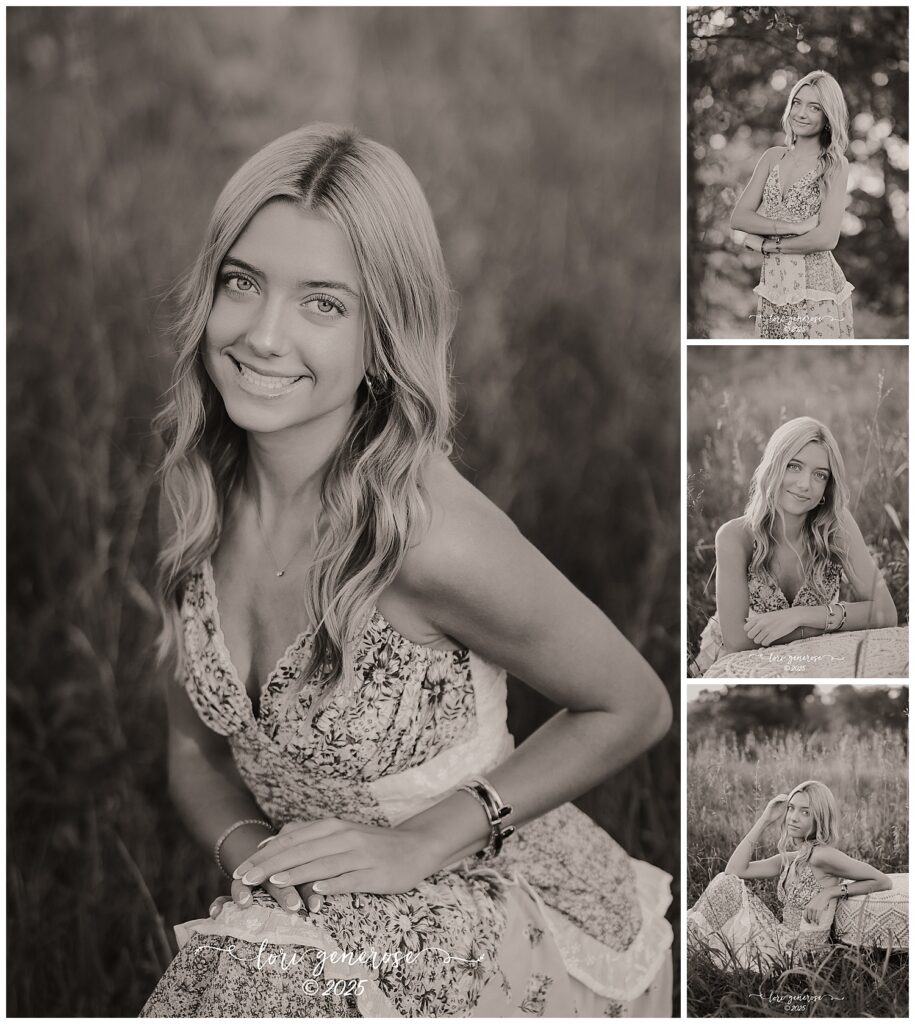 Northampton Area High School senior girl in a floral dress posing in a field during her black and white senior photoshoot by Lori Generose of LG Photography, a Lehigh Valley photographer who captures senior portraits in the Lehigh Valley and Trexler Nature Preserve in Northampton PA.