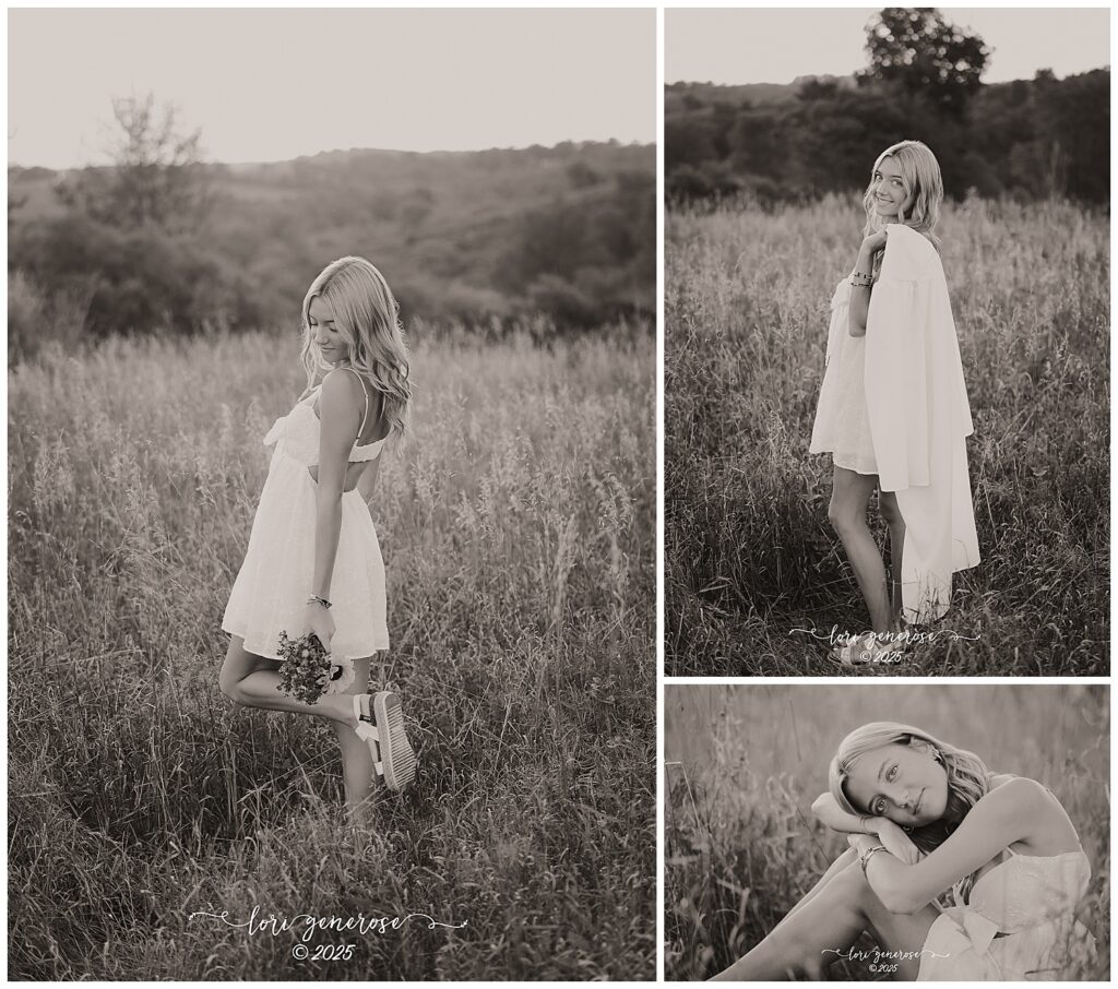Northampton Area High School senior girl in a white dress posing in a grassy field during her black and white senior photoshoot by Lori Generose of LG Photography, a Lehigh Valley photographer capturing senior portraits in the Lehigh Valley and Trexler Nature Preserve near Parkland Area High School.