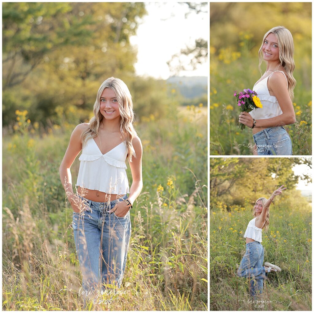 Northampton Area High School senior girl posing in a sunny field of yellow wildflowers during her senior photoshoot by Lori Generose of LG Photography, a Lehigh Valley photographer capturing high school senior portraits in the Lehigh Valley and Trexler Nature Preserve in Schnecksville PA.
