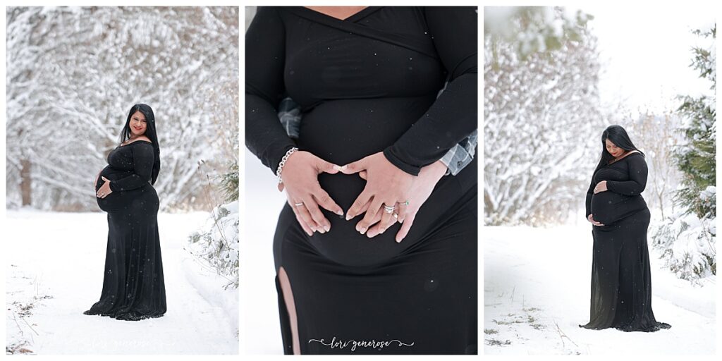 Winter maternity photo collage by Lori Generose of LG Photography, a Lehigh Valley maternity and newborn photographer, featuring an expecting mother in a black floor-length maternity dress posing outdoors in a snow-covered landscape, with close-up belly detail and serene solo portraits among snow-covered trees.