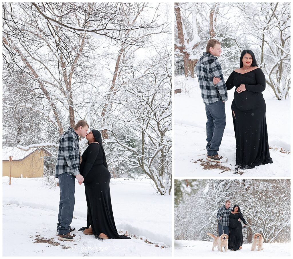 Winter maternity photo collage by Lori Generose of LG Photography, a Lehigh Valley maternity and newborn photographer, featuring an expecting couple outdoors in a snow-covered landscape, with mom wearing a black floor-length maternity dress, dad in a blue plaid flannel and jeans, and their dogs posing together among snow-covered trees.
