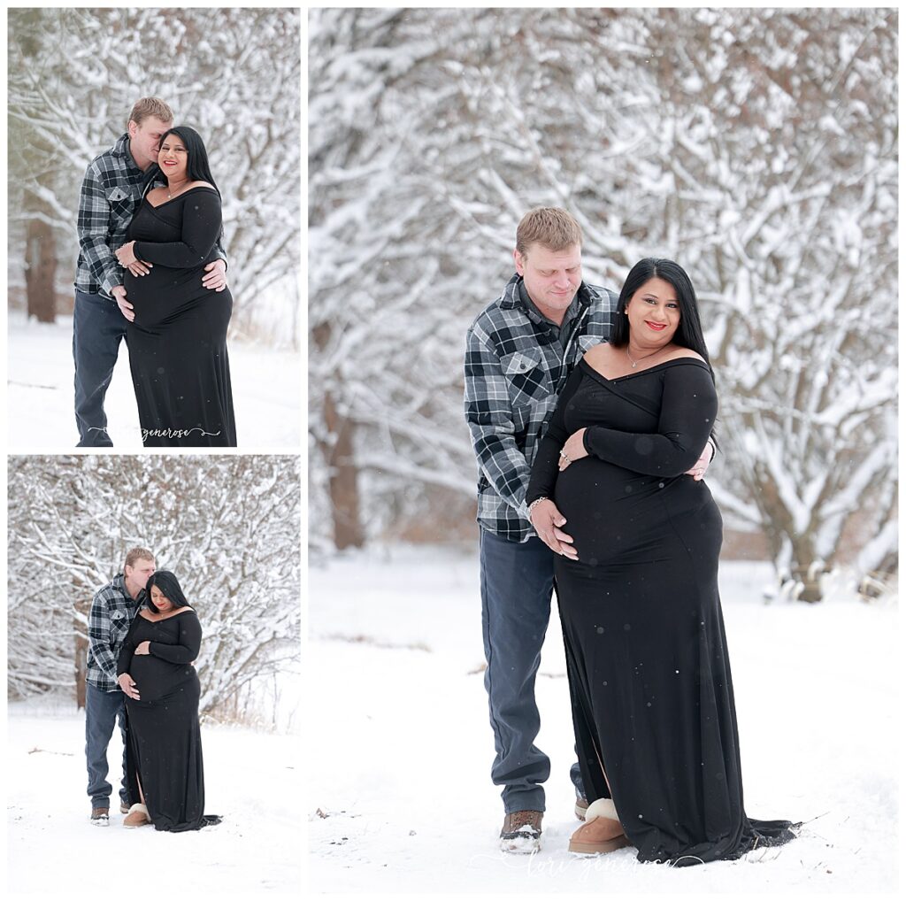 Winter maternity photo collage by Lori Generose of LG Photography, a Lehigh Valley maternity and newborn photographer, featuring an expecting couple embracing outdoors in a snow-covered landscape, with mom wearing a black floor-length maternity dress and dad in a blue plaid flannel, surrounded by snow-covered trees.