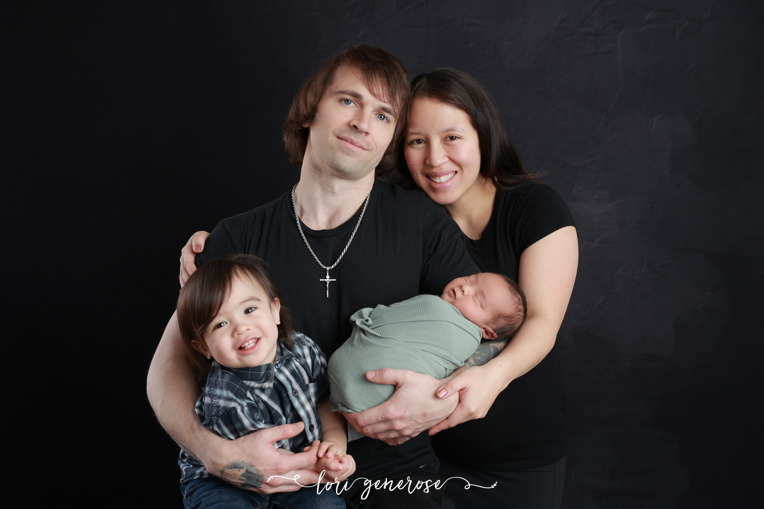 Family portrait collage from a newborn boy photoshoot with Lori Generose of LG Photography, a Lehigh Valley newborn photographer, featuring parents and sibling cuddling their newborn in a studio session in Coplay, Pennsylvania.