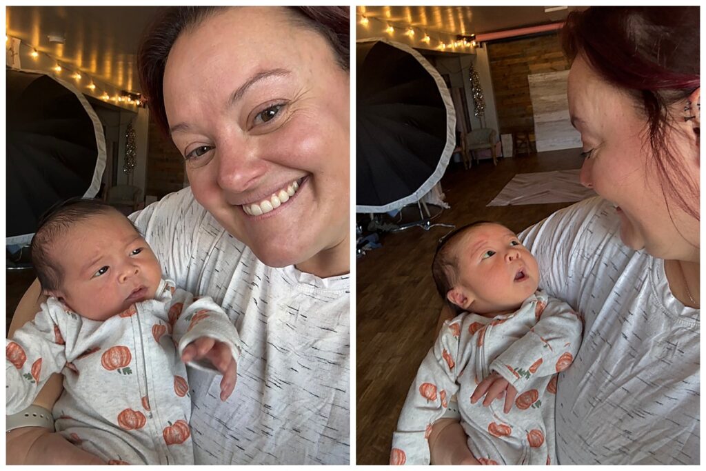 Behind-the-scenes moment from a newborn boy photoshoot with Lehigh Valley newborn photographer Lori Generose of LG Photography in her Coplay, PA studio.