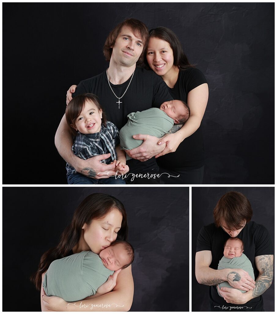 Family portraits from a newborn boy photoshoot with Lori Generose of LG Photography, a Lehigh Valley newborn photographer, captured in her Coplay, Pennsylvania studio, featuring parents and an older sibling holding their newborn baby.
