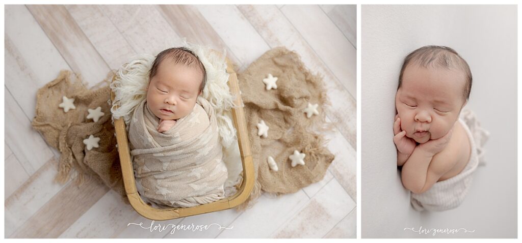 Newborn boy portraits photographed by Lori Generose of LG Photography, a Lehigh Valley newborn photographer, featuring a sleeping baby posed in neutral tones during an in-studio newborn photoshoot in Coplay, Pennsylvania.