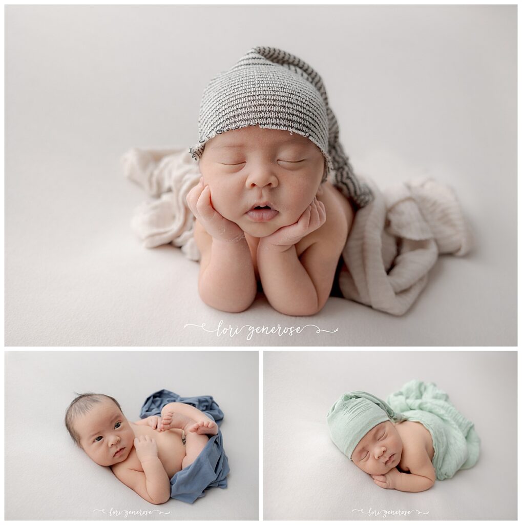 Soft, neutral newborn portraits of a baby boy posed on blankets during a studio newborn photoshoot with Lori Generose, a Lehigh Valley newborn photographer at LG Photography in Coplay, PA.