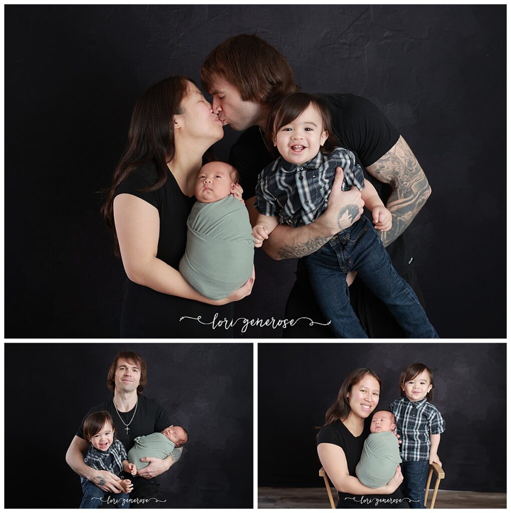 Family portrait collage from a newborn boy photoshoot with Lori Generose of LG Photography, a Lehigh Valley newborn photographer, featuring parents and sibling cuddling their newborn in a studio photo session.