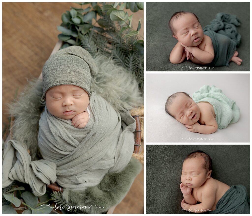Newborn boy photo collage photographed by Lori Generose of LG Photography, a Lehigh Valley newborn photographer, featuring a sleeping baby posed in soft green and neutral tones during an in-studio newborn photoshoot in Coplay, Pennsylvania.
