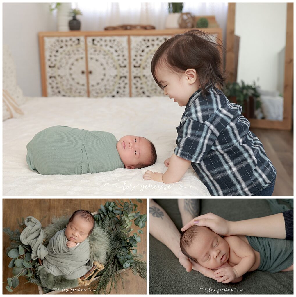 Newborn photo collage from a newborn boy photoshoot with Lori Generose of LG Photography, a Lehigh Valley newborn photographer, captured in her Coplay, Pennsylvania studio. Images include an older sibling smiling and interacting with his newborn brother on a bed, along with softly posed newborn portraits featuring natural textures, neutral tones and mom and dad's hands supporting the baby.