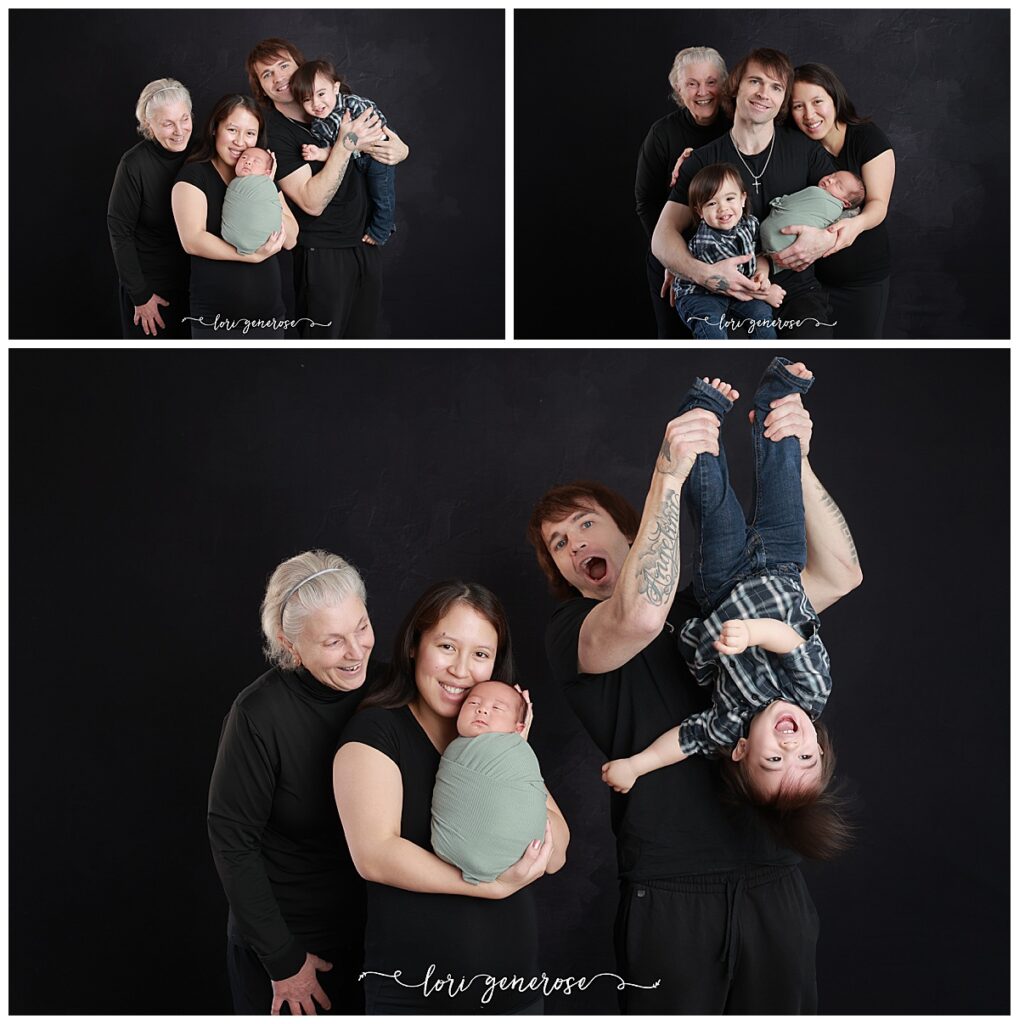 Family and multi-generation portraits from a newborn boy photoshoot with Lori Generose of LG Photography, a Lehigh Valley newborn photographer, captured in her Coplay, Pennsylvania studio, featuring parents, sibling and grandparent interacting with their newborn.