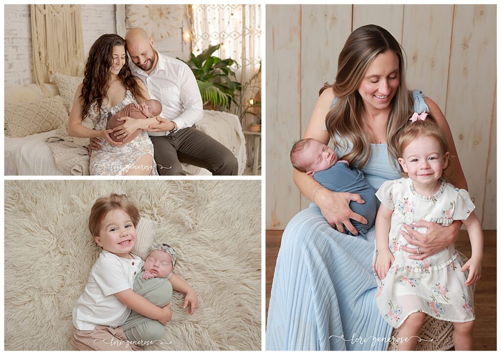 Newborn family photo collage by LG Photography, a Lehigh Valley newborn photographer, featuring coordinated soft blue, neutral, and floral outfits for parents and siblings during a studio newborn session- style inspiration for what to wear for your newborn photography session.