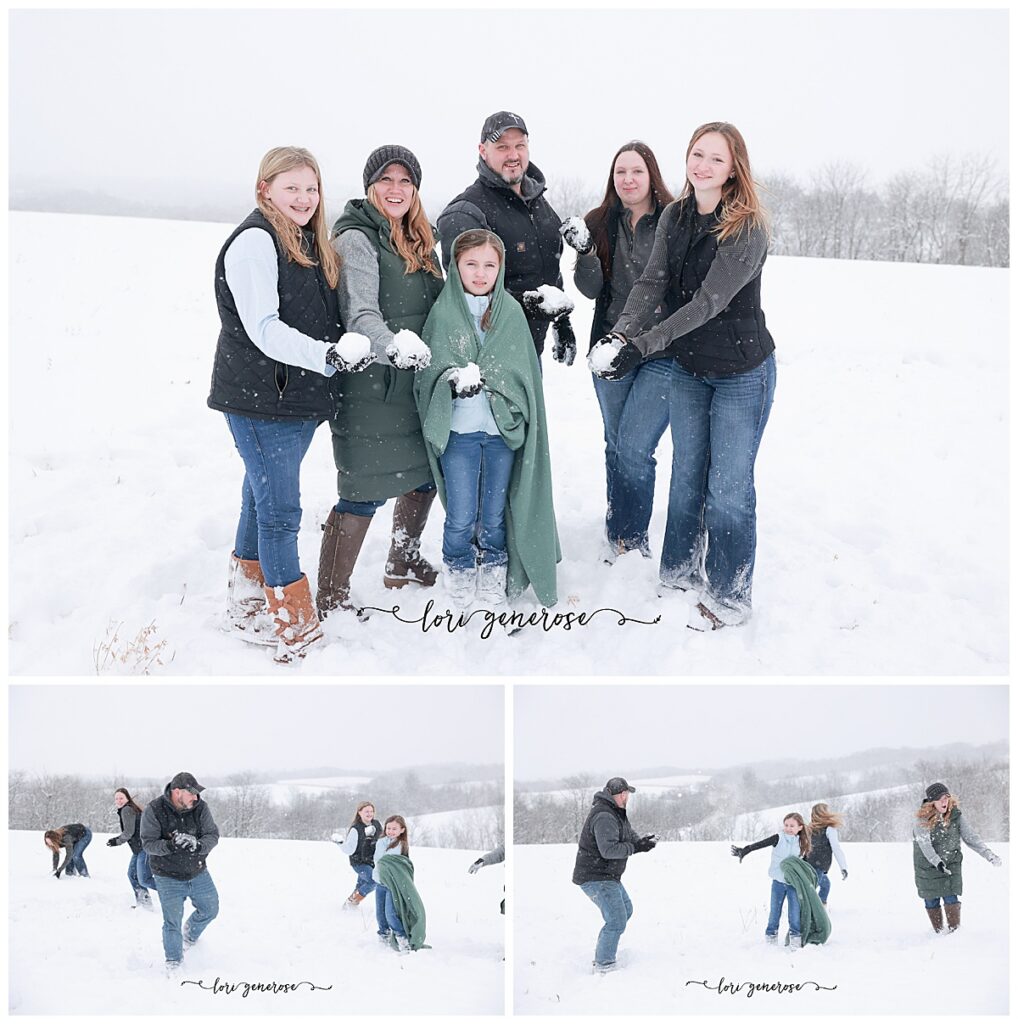 Family photos in the snow outdoors in winter in Allentown PA from Lori Generose of LG Photography, Lehigh Valley Photographer. The photo at the top has each family member holding a snowball and then two photos below are the family throwing snowballs at each other having a snowball fight and laughing. All are wearing jeans, boots, puffer vests with sweatshirts underneath