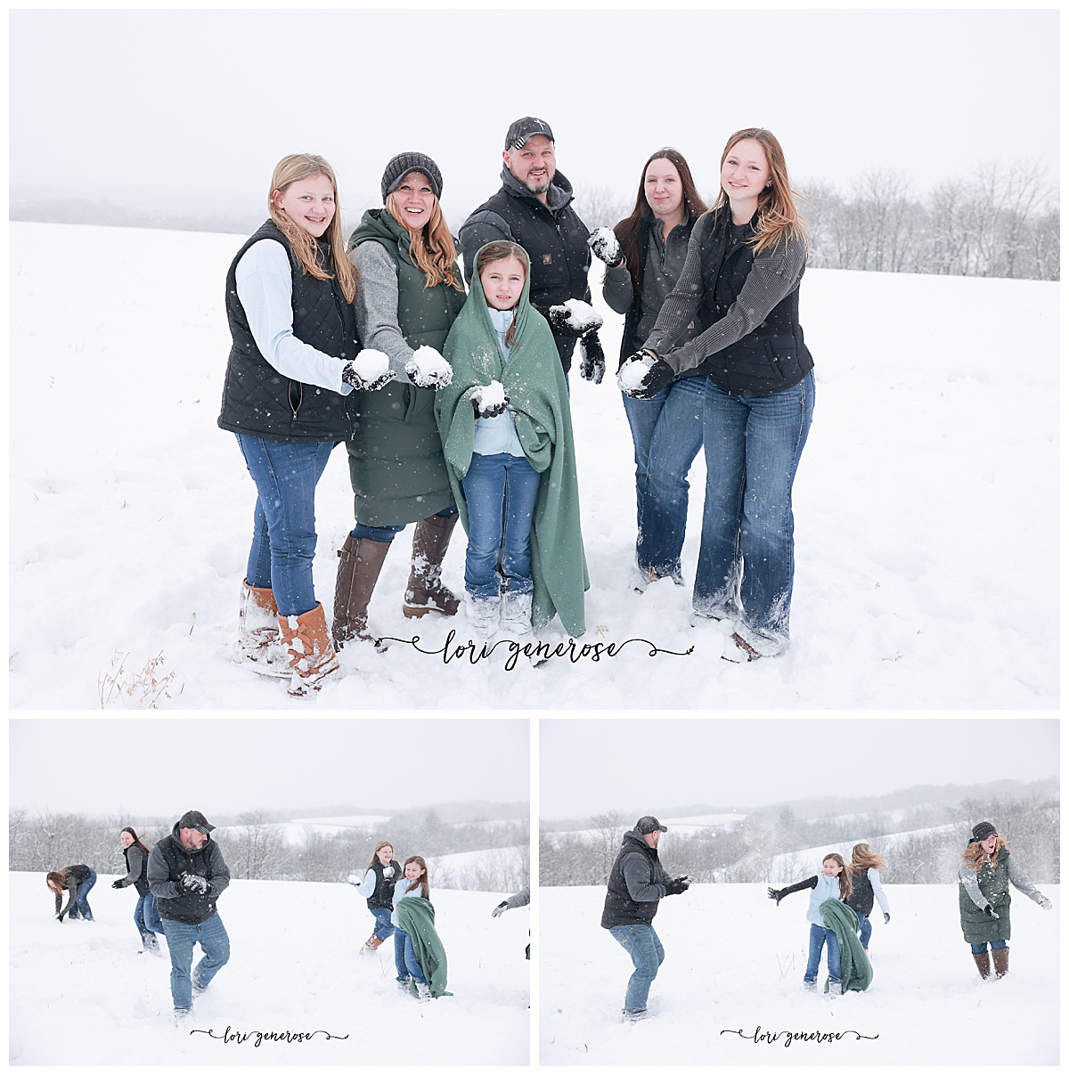 Family photos in the snow outdoors in winter in Allentown PA from Lori Generose of LG Photography, Lehigh Valley Photographer. The photo at the top has each family member holding a snowball and then two photos below are the family throwing snowballs at each other having a snowball fight and laughing. All are wearing jeans, boots, puffer vests with sweatshirts underneath