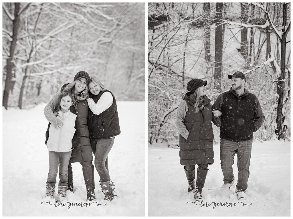 Family photos in the snow outdoors in winter in Allentown PA from Lori Generose of LG Photography, Lehigh Valley Photographer. Black and white photos with one on each side of the collage- the left is mom with her two daughters and the right is mom and dad arm in arm walking in the snow