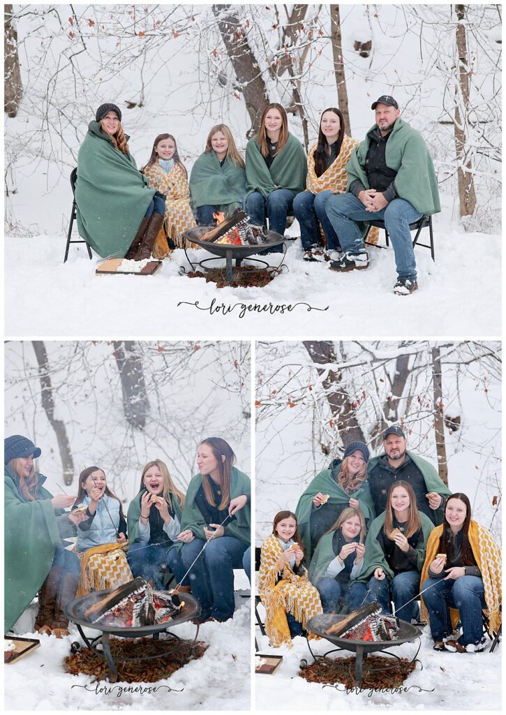 Family photos in the snow outdoors in winter in New Tripoli PA from Lori Generose of LG Photography, Lehigh Valley Photographer. A collage of three photos with each family member wrapped in a blanket, some are wearing a green blanket and some a yellow and white patterned blanket, sitting around a fire outside making s'mores
