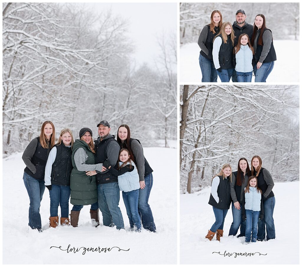 Family photos in the snow outdoors in winter in Allentown PA from Lori Generose of LG Photography, Lehigh Valley Photographer. One photo on the left standing posed in the snow and two photos on the right of dad and daughters and a photo of four sisters together standing in the snow 
