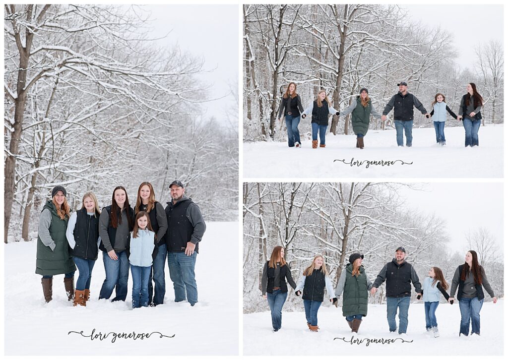 Family photos in the snow outdoors in winter in Allentown PA from Lori Generose of LG Photography, Lehigh Valley Photographer. One photo on the left standing posed and two photos on the right holding hands walking in the snow looking at each other and laughing. All are wearing jeans, boots, puffer vests with sweatshirts underneath