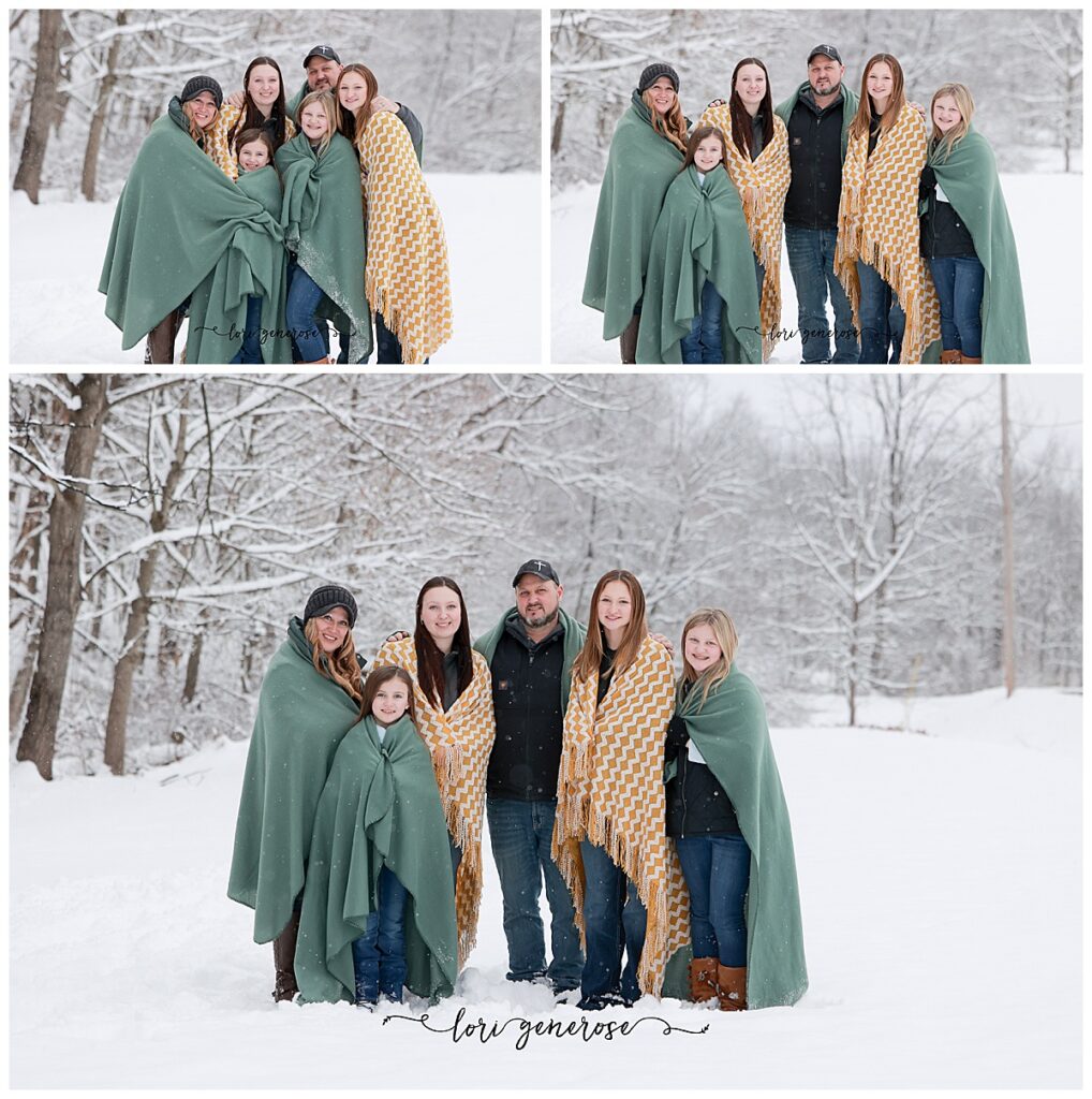 Family photos in the snow outdoors in winter in Allentown PA from Lori Generose of LG Photography, Lehigh Valley Photographer. A collage of three photos with each family member wrapped in a blanket, some are wearing a green blanket and some a yellow and white patterned blanket, cuddled up together while standing in the snow
