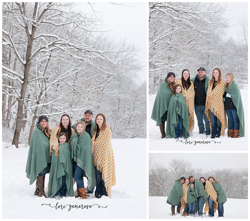Family photos in the snow outdoors in winter in Whitehall PA from Lori Generose of LG Photography, Lehigh Valley Photographer. A collage of three photos with each family member wrapped in a blanket, some are wearing a green blanket and some a yellow and white patterned blanket, cuddled up together while standing in the snow