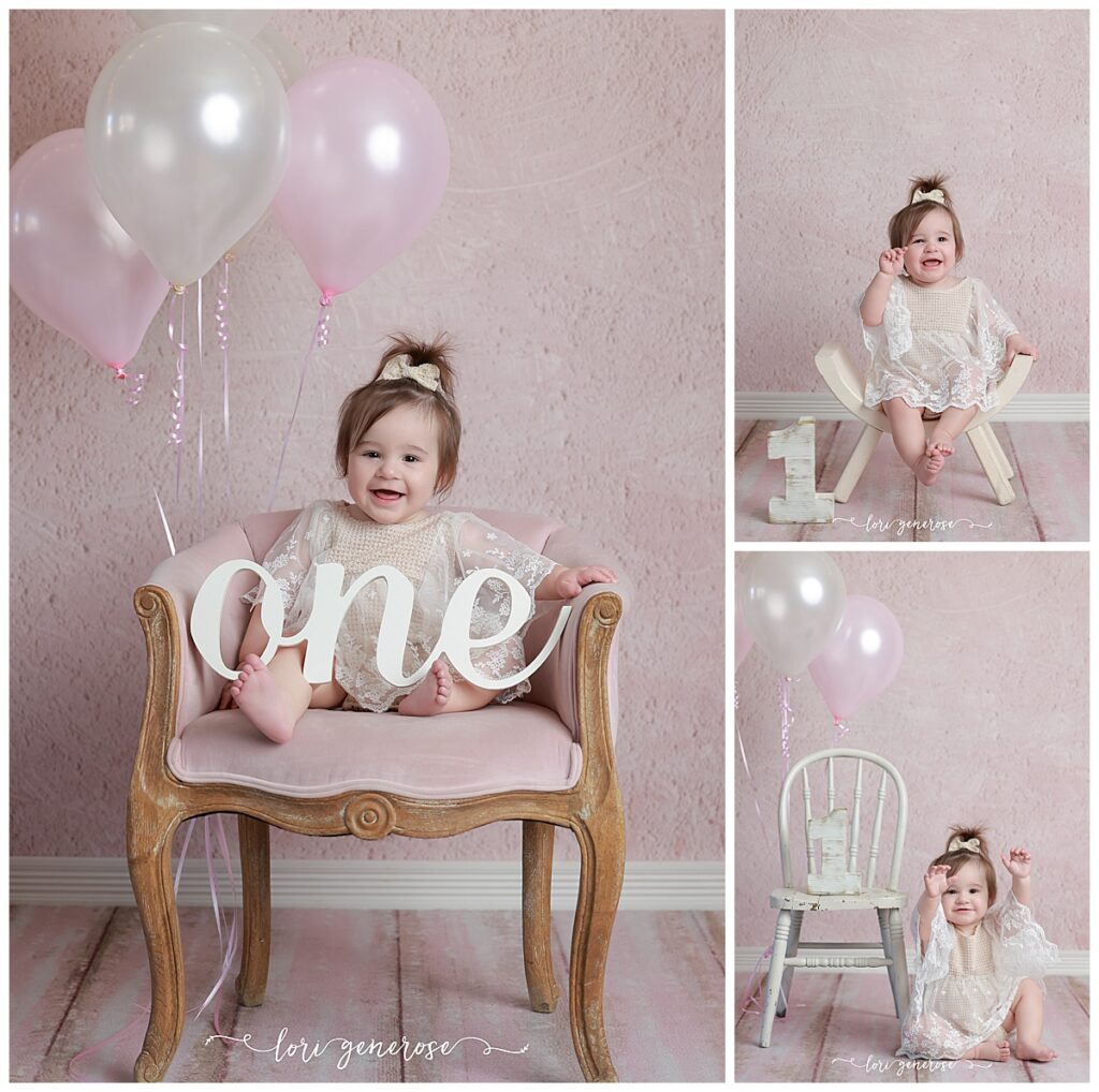 First birthday portrait session for baby girl with blush pink backdrop and white and pink balloons holding a one sign, then her in two other photos with a wooden 1 sitting on a stool, one with a chair and a white 1 on it with baby girl sitting on the floor from LG Photography who is a Lehigh Valley cake smash photographer