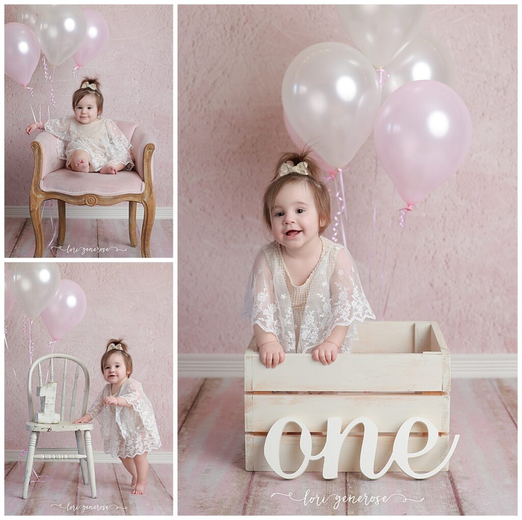 First birthday portrait session for baby girl with blush pink backdrop and white and pink balloons holding a one sign standing up in a cream crate with a cursive one sign in front of it and two smaller photos on the left of the collage with baby girl sitting in a vintage pink chair and one photo of her standing next to a white chair with a white wooden number 1 sitting on the chair from Lori Generose, who is a LG Photography- a Lehigh Valley cake smash photographer
