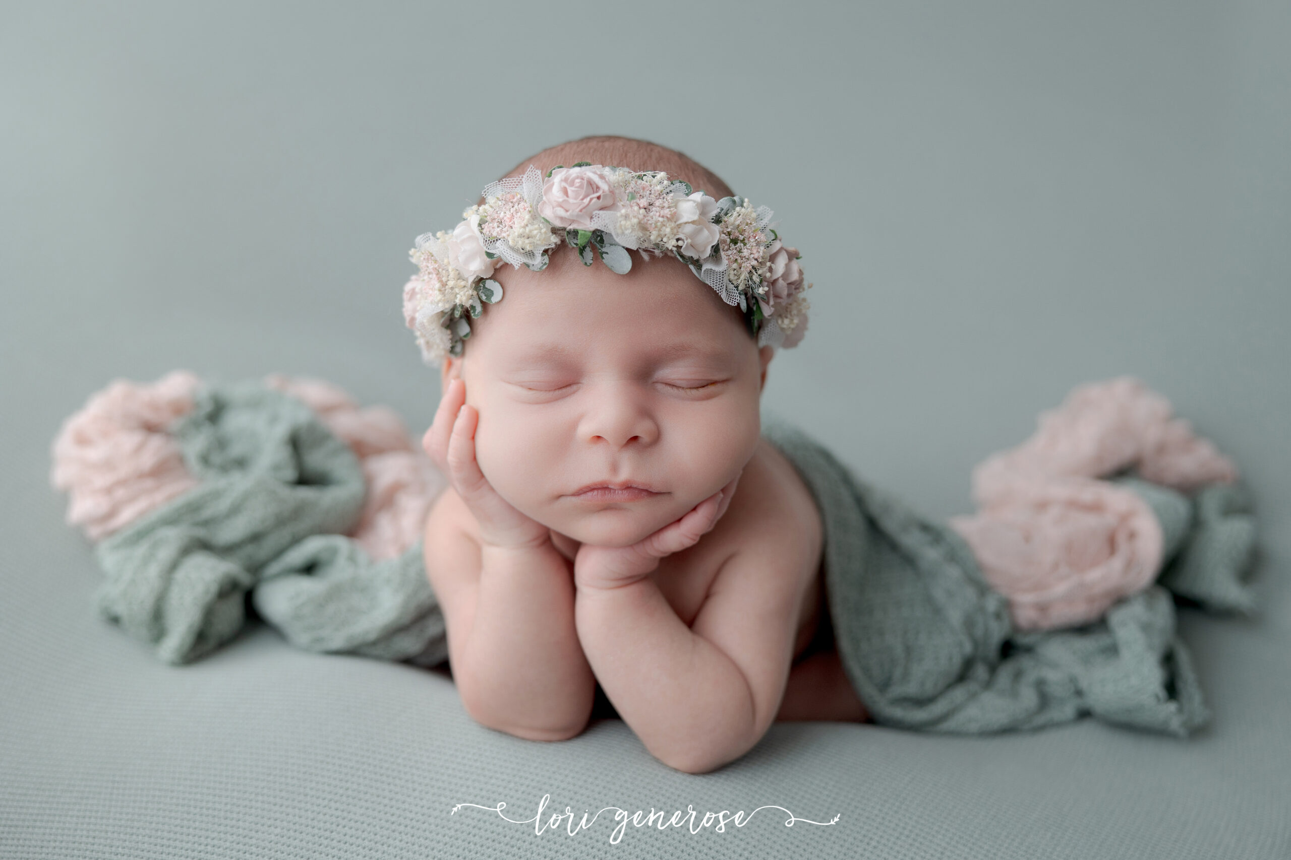 newborn girl with her head in her hands on a light green blanket with a green wrap and baby pink wrap over her and wearing a floral headband