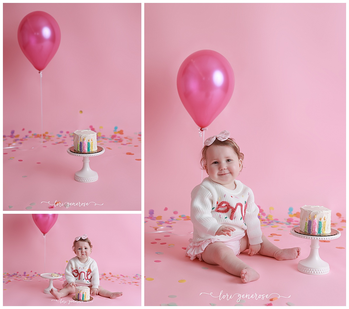 Lehigh Valley Cake Smash Photographer LG Photography Lori Generose pink confetti cake smash first birthdya girl on pink seamless paper backdrop