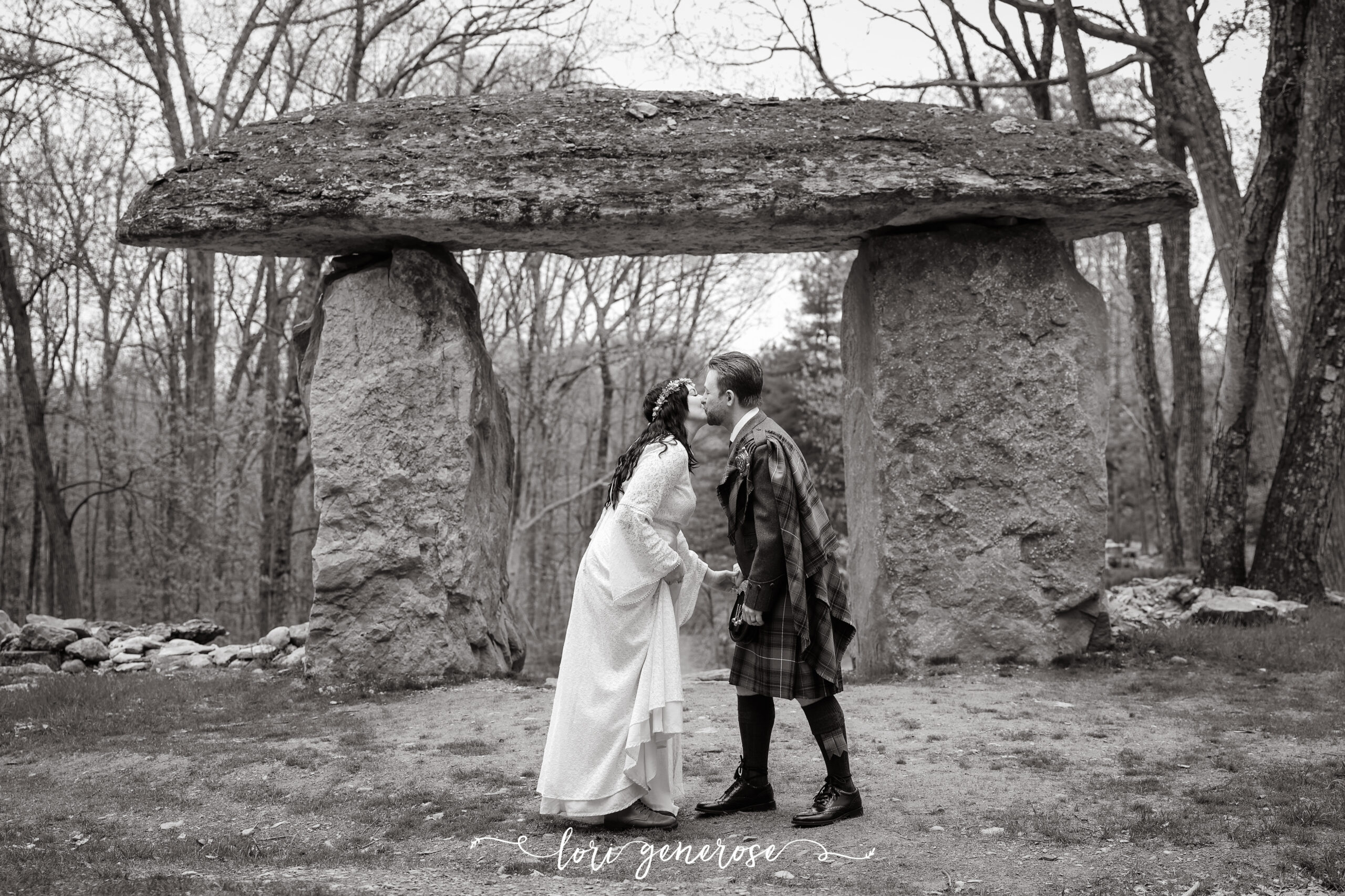 Lehigh Valley Wedding Photographer Lori Generose of LG Photography, wedding bride and groom kissing at Columcille Megalith Park in Bangor, PA