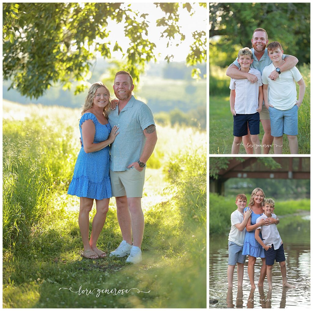 Family photoshoot of mom, dad and their two boys ages 11 and 13 in tall green grasses with gorgeous light at Trexler Nature Preserve in Schnecksville, PA by Lehigh Valley Photographer, Lori Generose of LG Photography