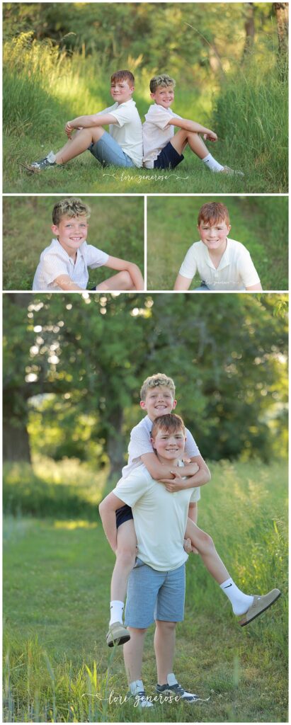 Family photoshoot of mom, dad and their two boys ages 11 and 13 in tall green grasses with gorgeous light at Trexler Nature Preserve in Schnecksville, PA by Lehigh Valley Photographer, Lori Generose of LG Photography