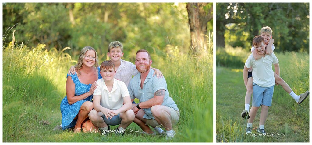 Family photoshoot of mom, dad and their two boys ages 11 and 13 in tall green grasses with gorgeous light at Trexler Nature Preserve in Schnecksville, PA by Lehigh Valley Photographer, Lori Generose of LG Photography