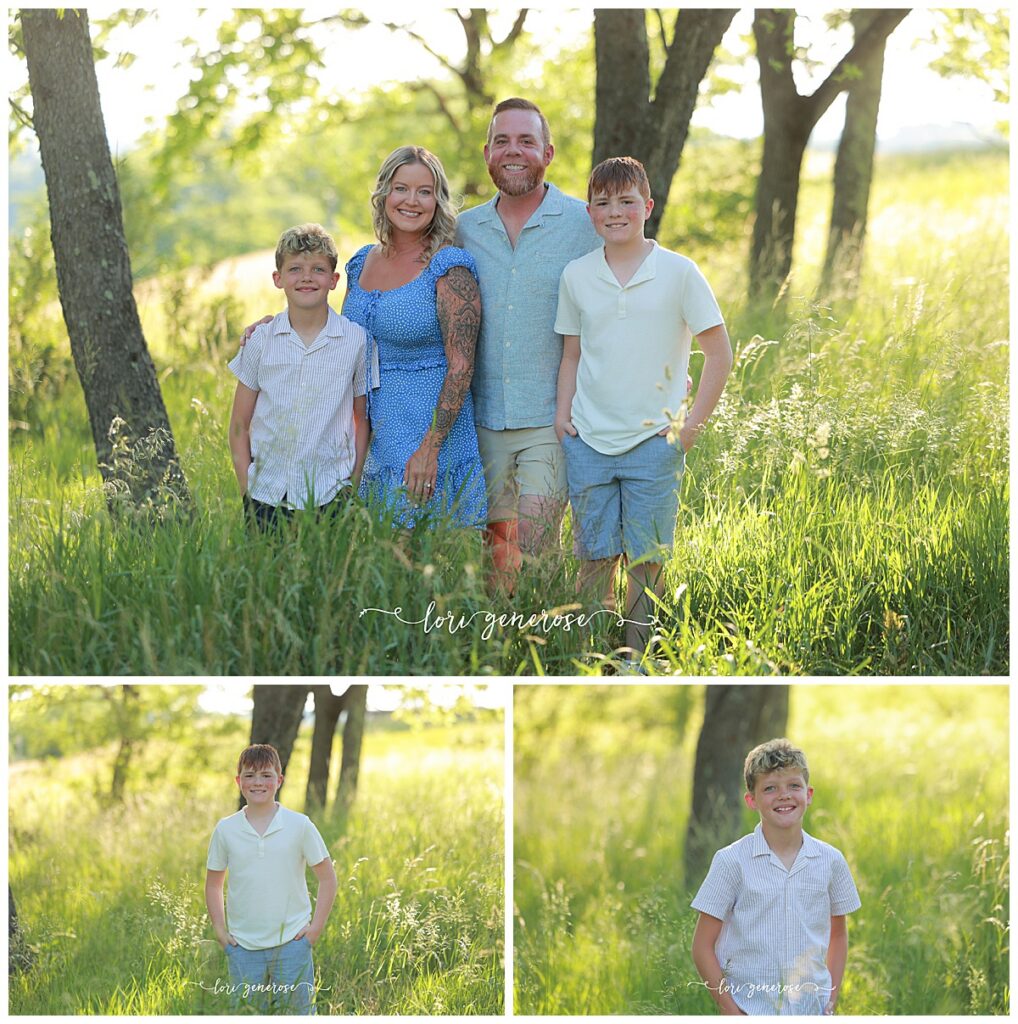 Family photoshoot of mom, dad and their two boys ages 11 and 13 in tall green grasses with gorgeous light at Trexler Nature Preserve in Schnecksville, PA by Lehigh Valley Photographer, Lori Generose of LG Photography