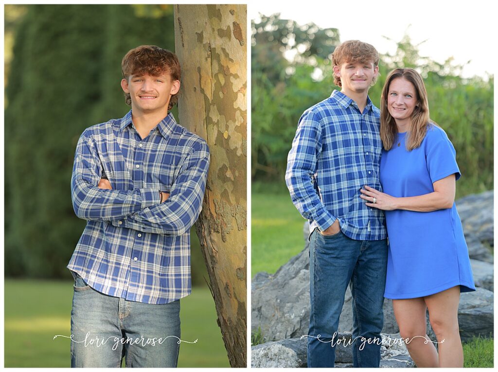 senior boy photoshoot collage of two photos- leaning against a tree wearing a blue and white plaid button down shirt and then a photo with his mom who is wearing a solid blue dress and posing by some stone formations at Indian Tower Park in Nazareth, PA all taken by Lehigh Valley Senior photographer Lori Generose of LG Photography