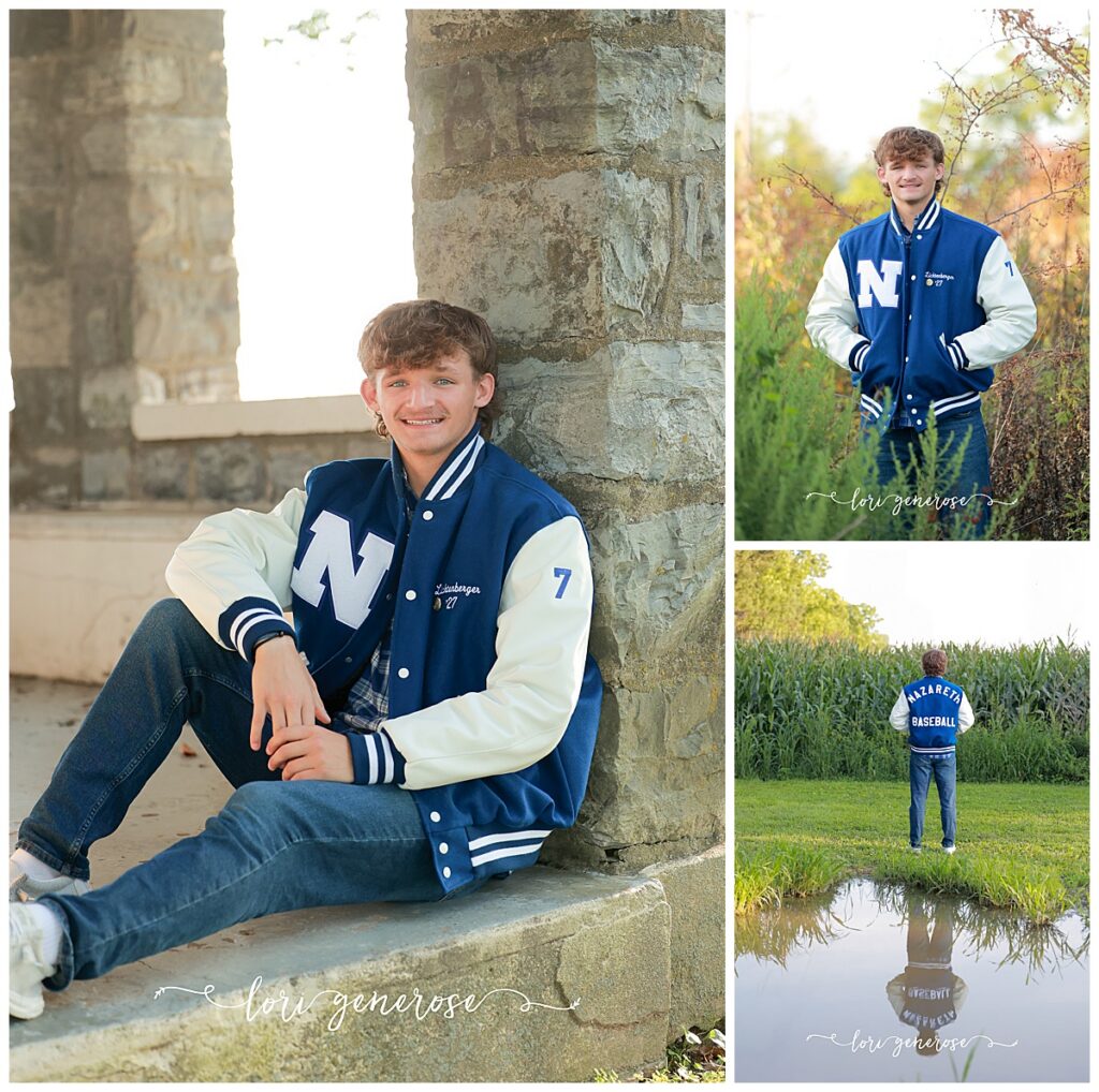senior boy photoshoot collage of three photos- sitting on a stone ledge, standing in a field with nature all around and standing facing away from the camera with reflection in the water with his Nazareth High School Baseball letterman jacket at Indian Tower Park in Nazareth, PA all taken by Lehigh Valley Senior photographer Lori Generose of LG Photography