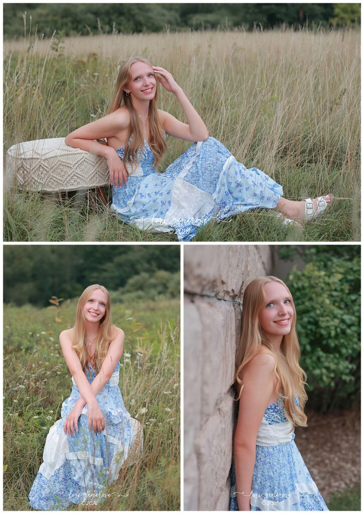 Senior photos of senior girl in a patchwork blue dress in the tall grasses at Trexler Nature Preserve in Schnecksville, PA by Lehigh Valley Senior Photographer Lori Generose of LG Photography
